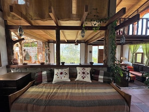 A rustic wooden room with a bed, windows, and hanging plants.