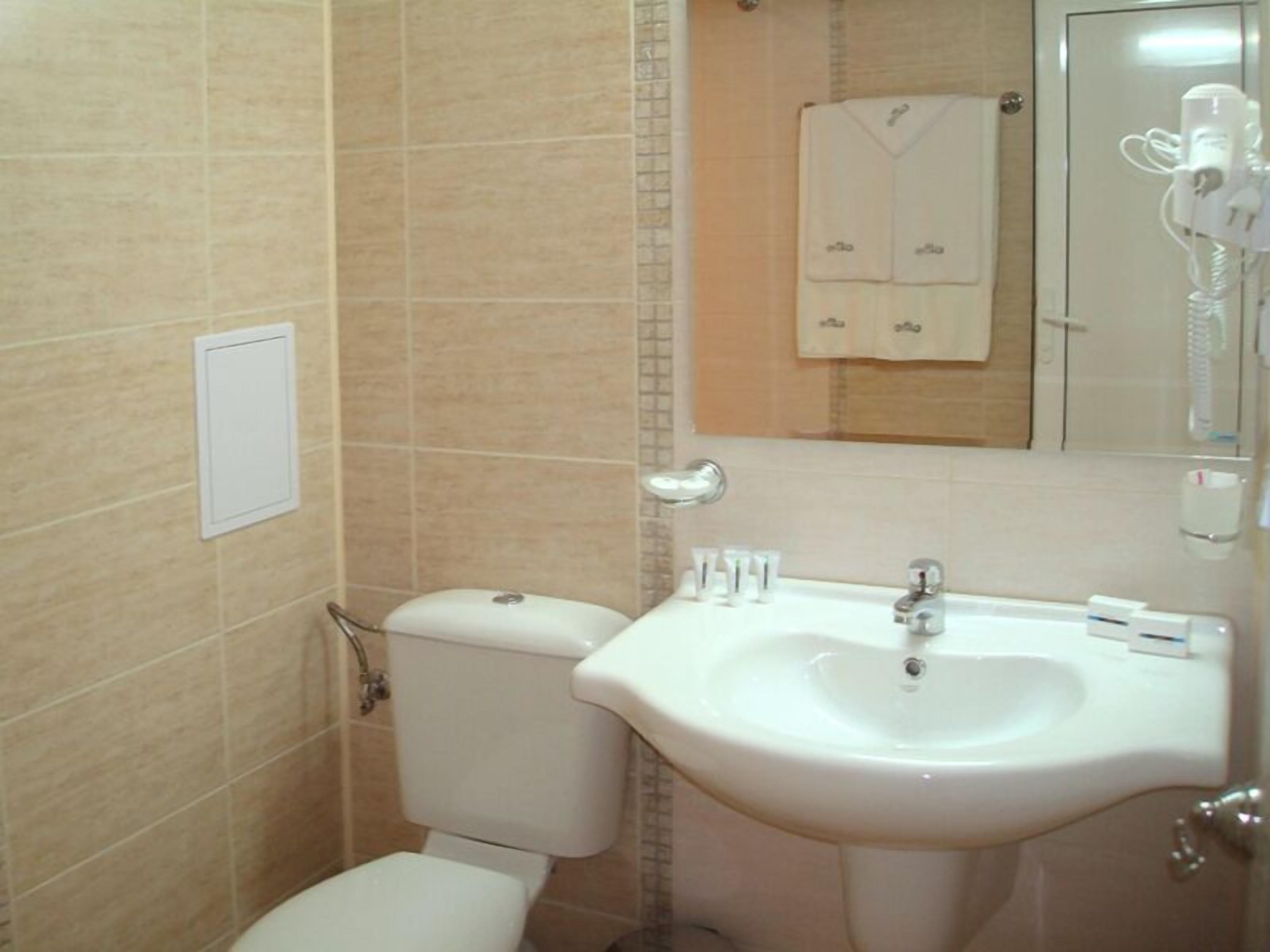 Ein Badezimmer mit Toilette, Waschbecken, Spiegel, Handtuchhalter und einem Handtuch an der Wand.