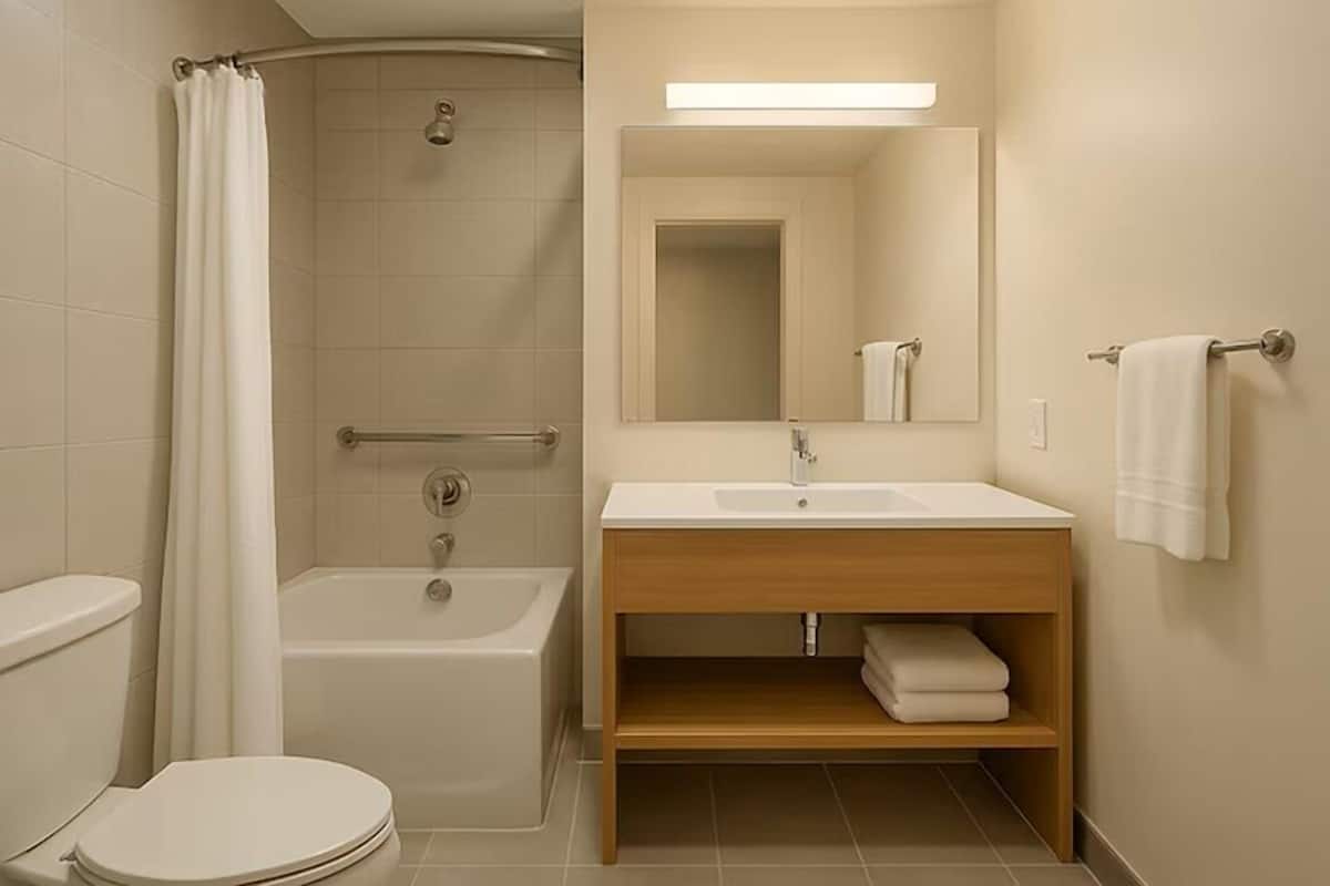 A bathroom with a bathtub, toilet, sink, and mirror.