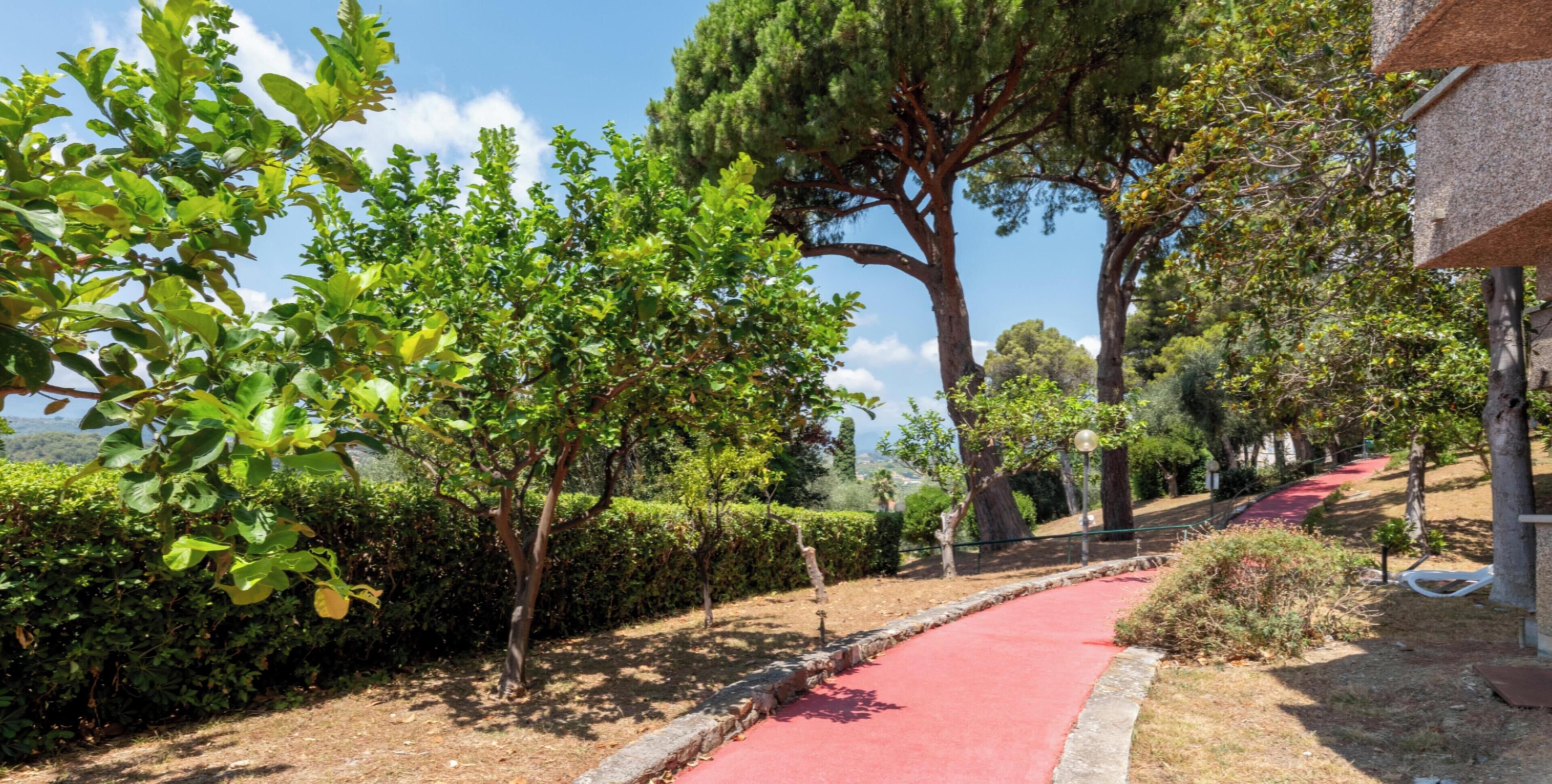 Un sendero bordeado de árboles y un camino rojo que conduce a un edificio de fachada de piedra.