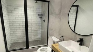 A modern bathroom with a glass shower enclosure, a toilet, and a sink with a mirror. - Vyge Valley Estate (Cape Town)