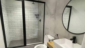 A modern bathroom with a glass shower enclosure, a toilet, and a sink with a mirror.