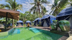 A pool area with clear water, surrounded by palm trees and blue tents.