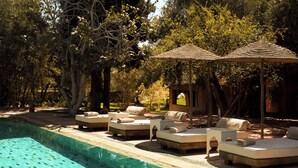 A swimming pool with lounge chairs and umbrellas, surrounded by trees and a clear sky. - Jenan Mayshad (Marrakech)