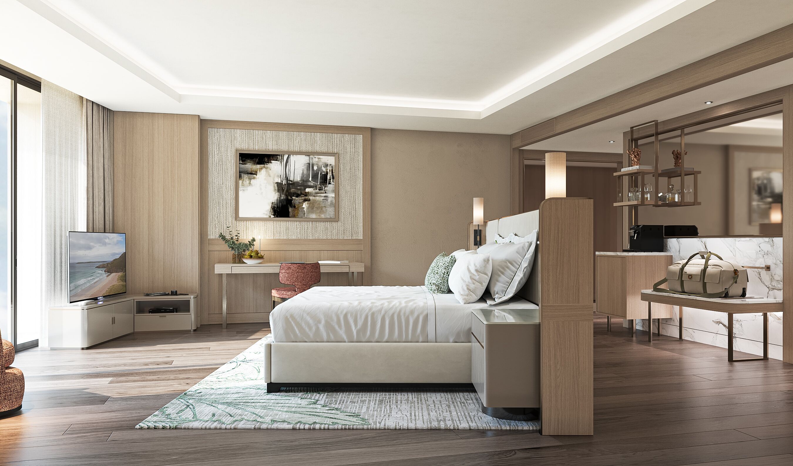 A modern bedroom with a bed, bedside tables, a TV, a desk, and a large mirror.
