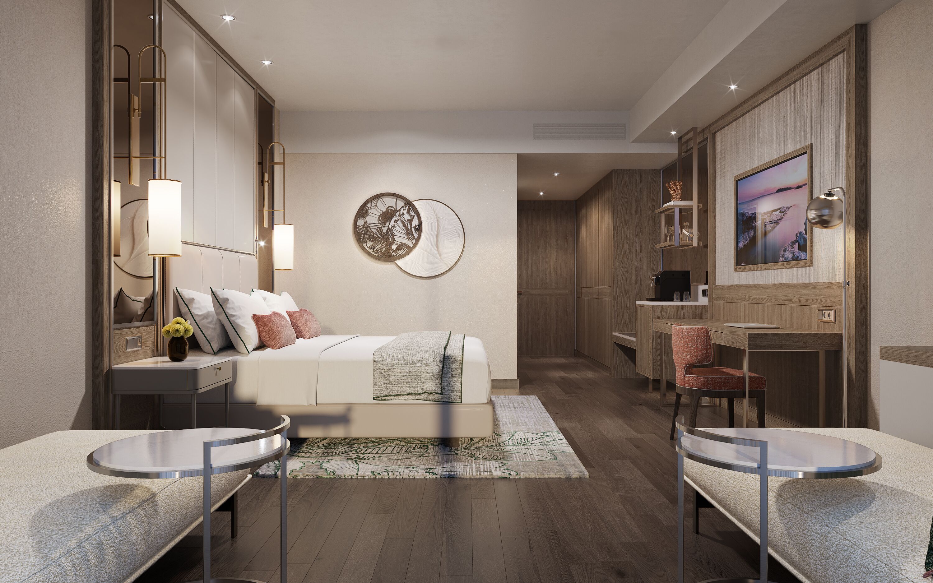 A modern hotel room with a bed, bedside tables, a desk, and a chair.