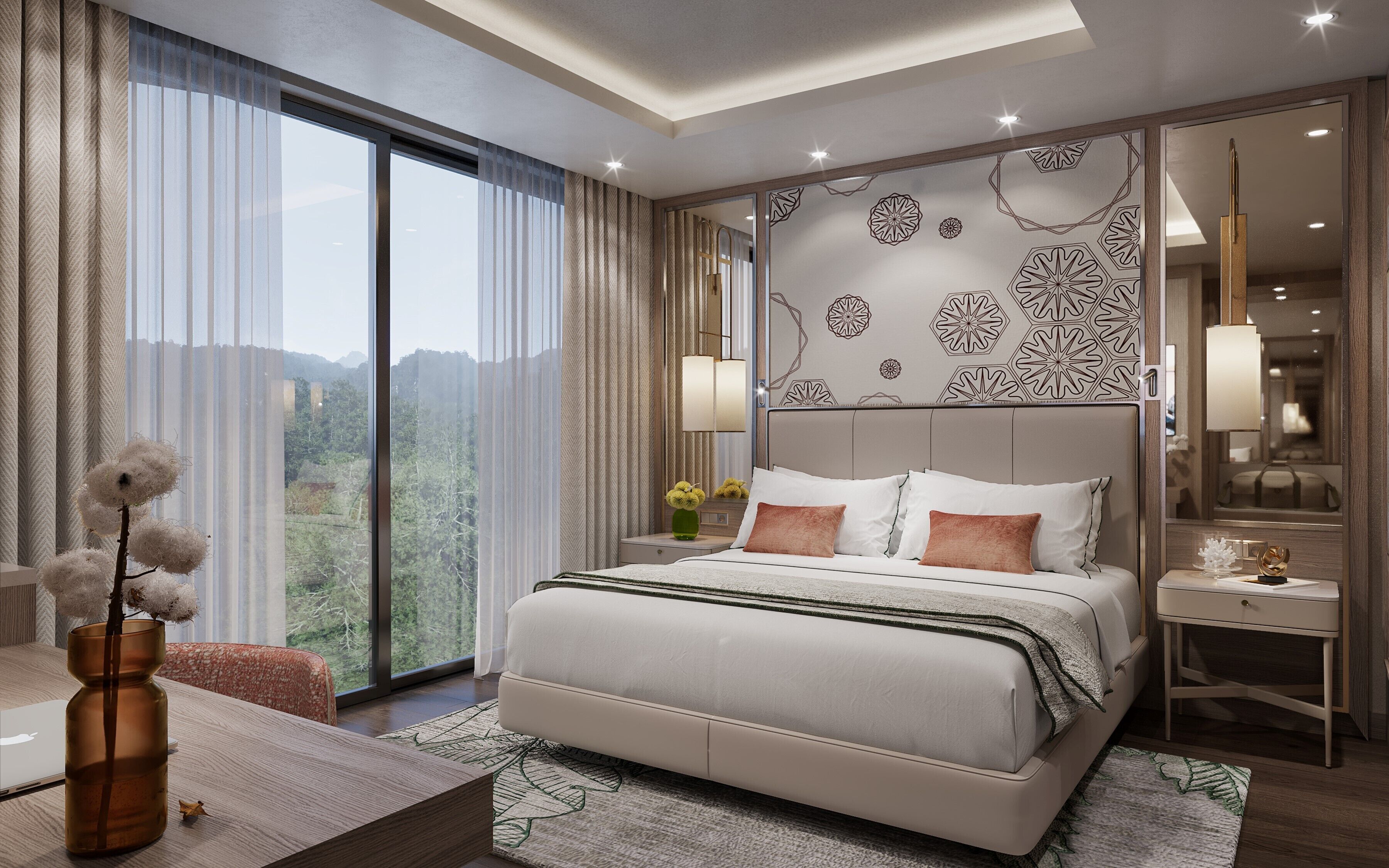 A modern hotel room with a large bed, a desk, a chair, and a view of the outdoors.