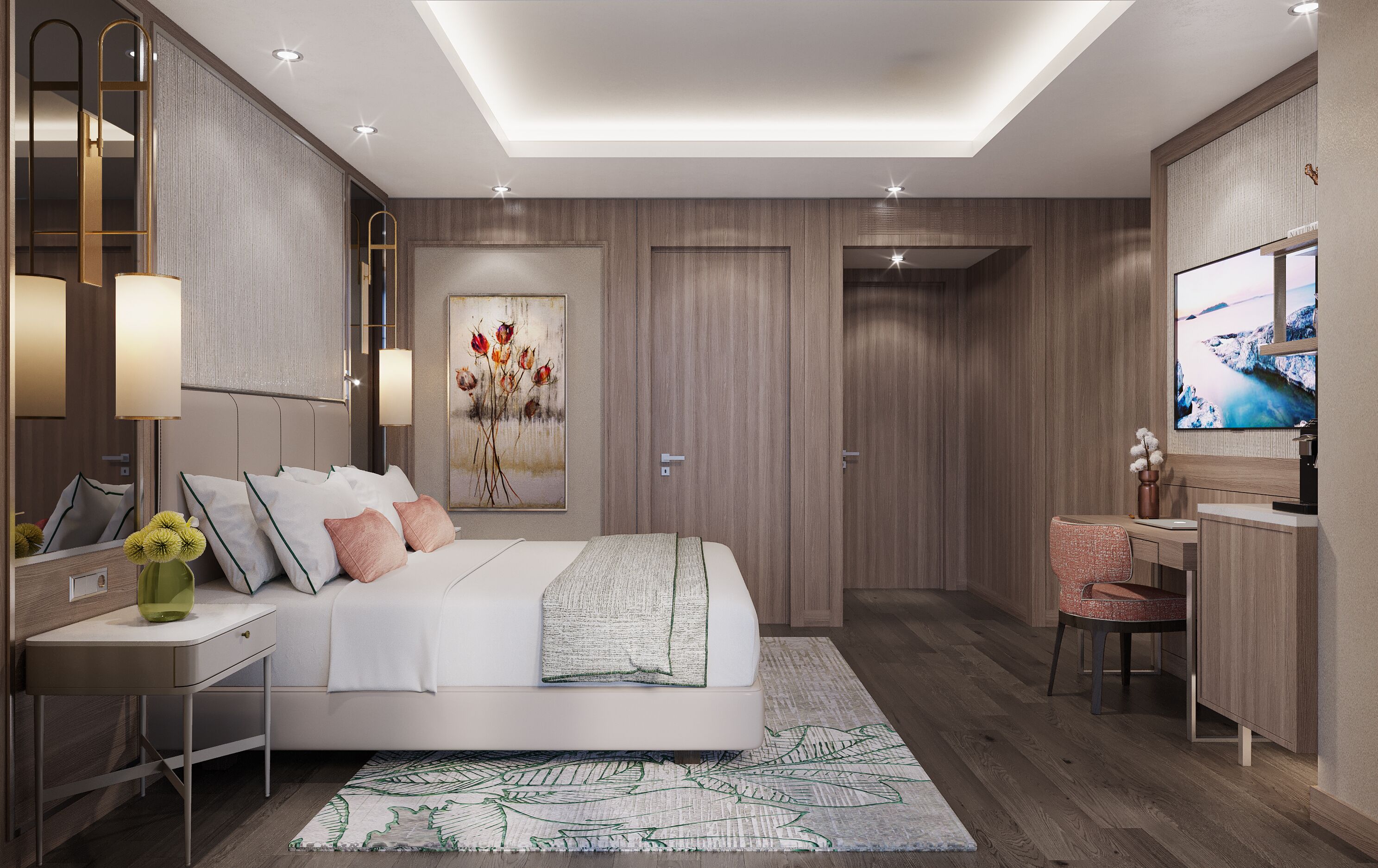 A modern bedroom with a bed, bedside table, lamp, artwork, and a TV.