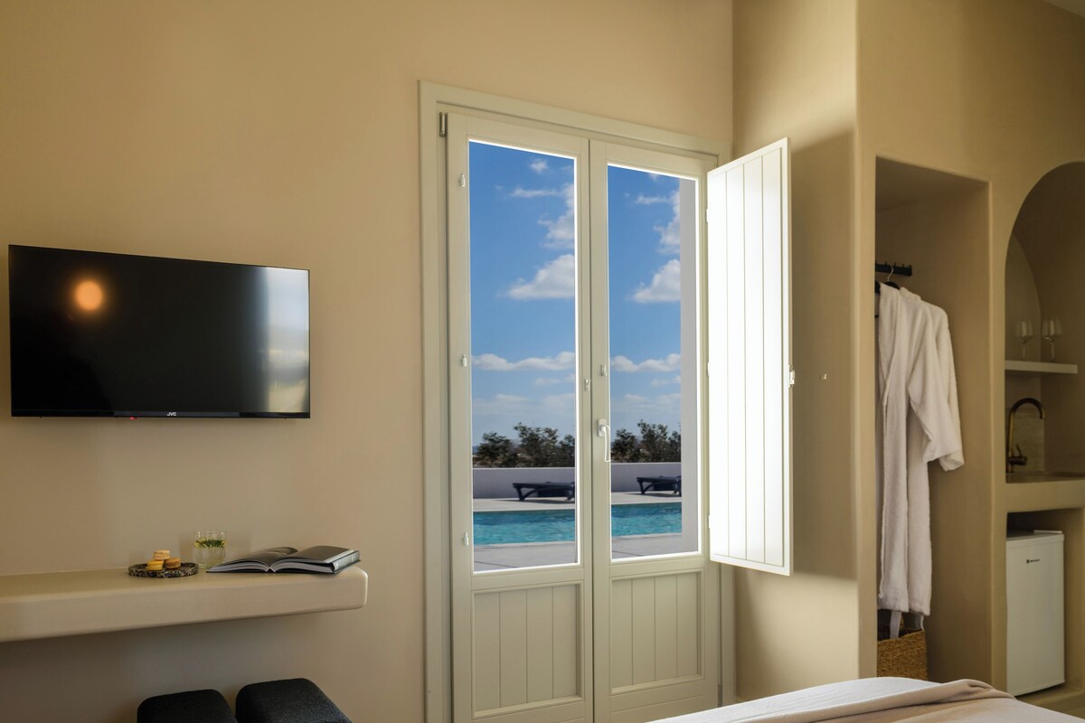 A bedroom with a bed, a TV, a desk with a chair, a wardrobe, and a view of a pool.
