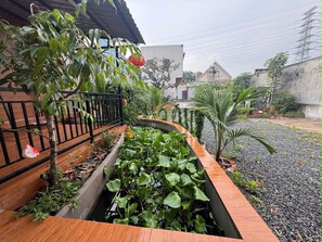 A garden with a wooden deck, a raised planter with green plants, and a gravel area.