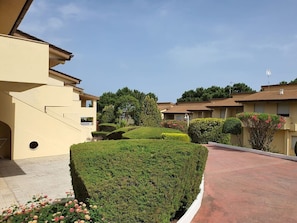 A residential area with neatly trimmed hedges, a paved walkway, and houses with tiled roofs.