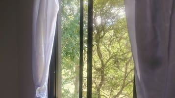 A window with white curtains, a view of trees outside, and a black frame.