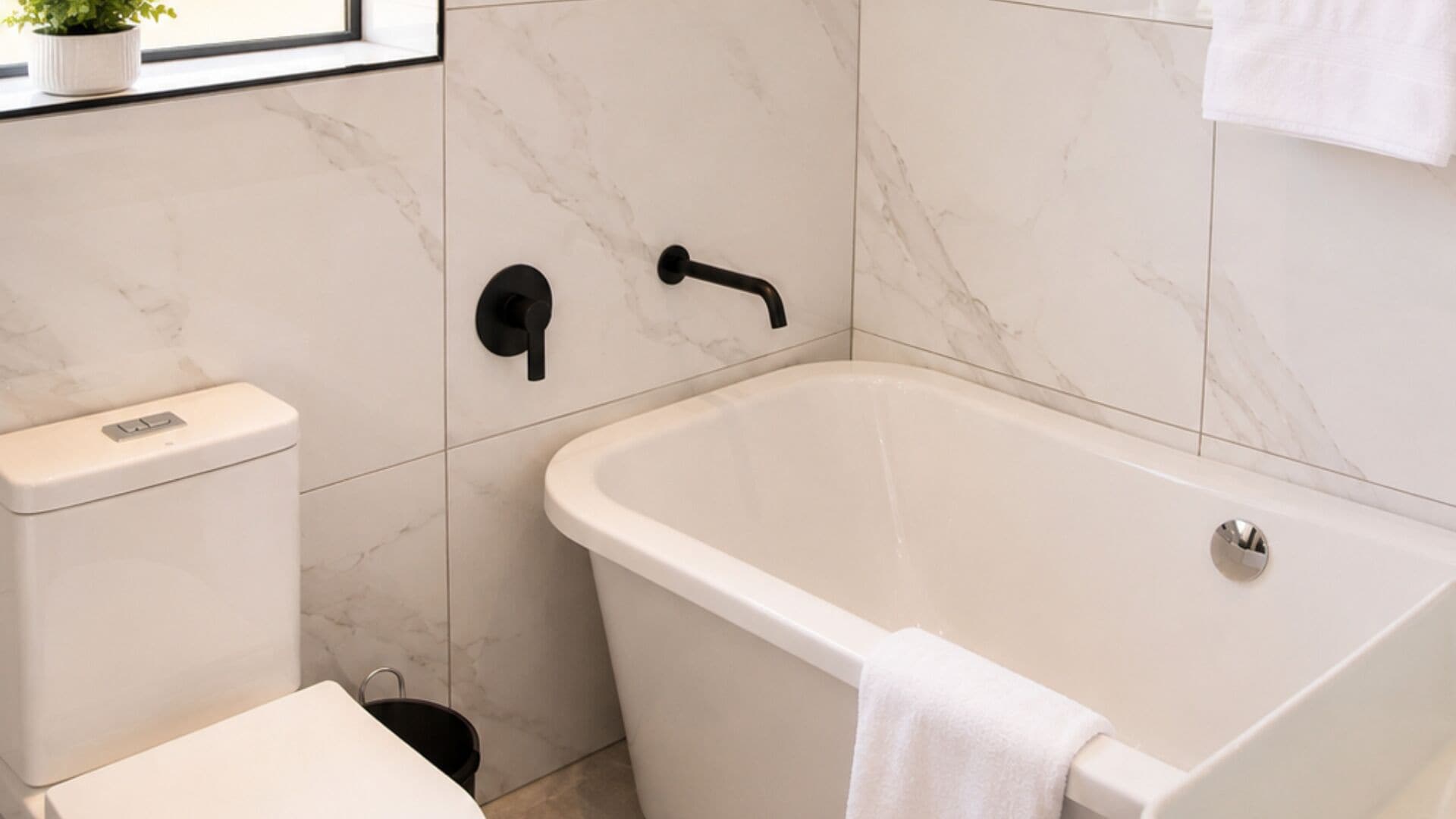 Un baño con una bañera blanca, un inodoro y un grifo negro.