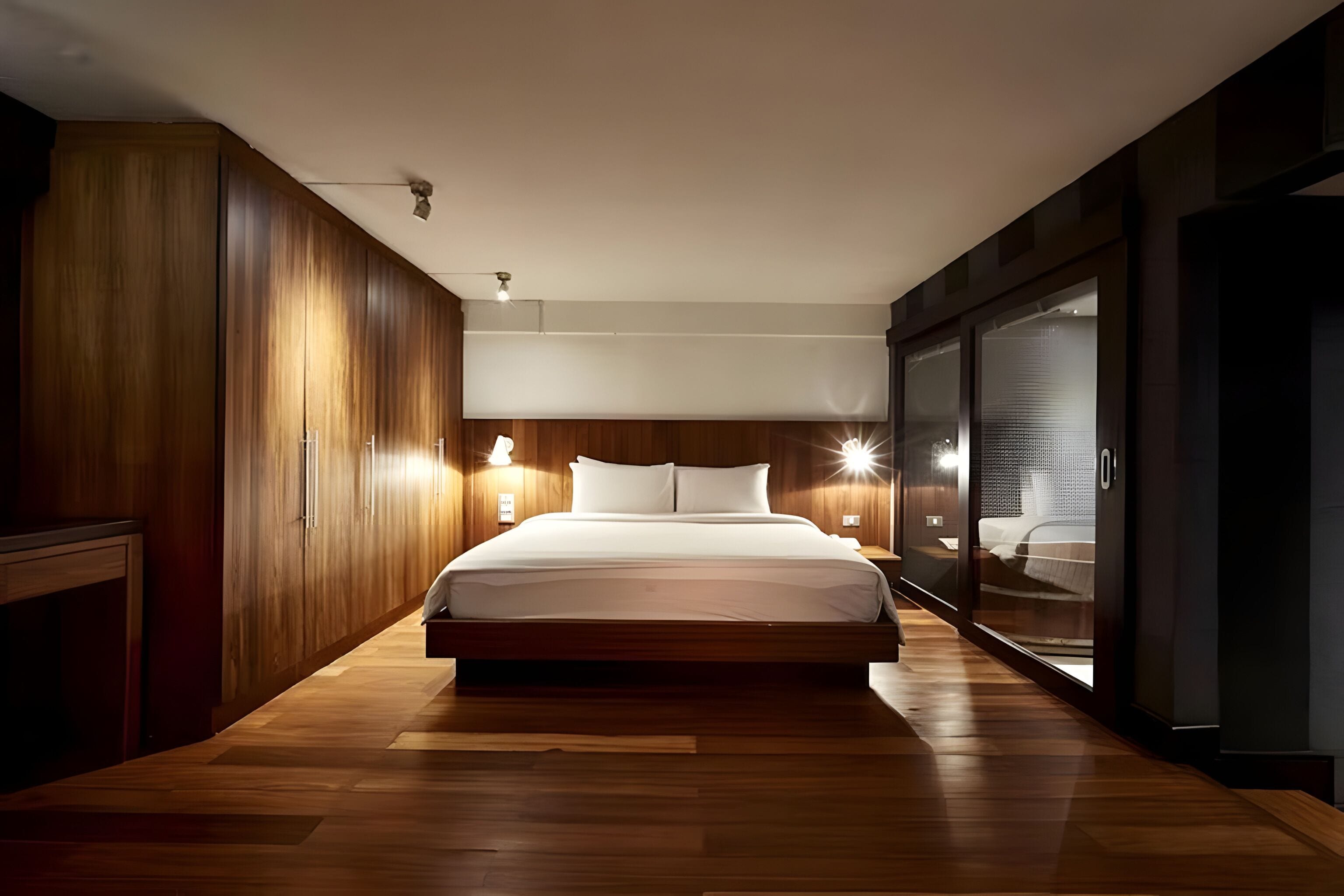 A modern bedroom with a large bed, wooden paneling, and a glass partition.