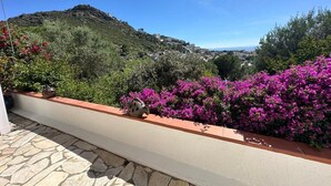 A balcony with a stone floor, a potted plant, and purple bougainvillea flowers. - Beautiful mountain apartment with sea views AV 91 (ROSES)