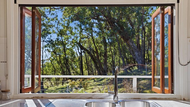 A kitchen with a large window, a stainless steel sink, and a view of a forest.