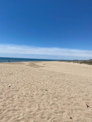 Ein weiter Sandstrand mit blauem, klarem Himmel.