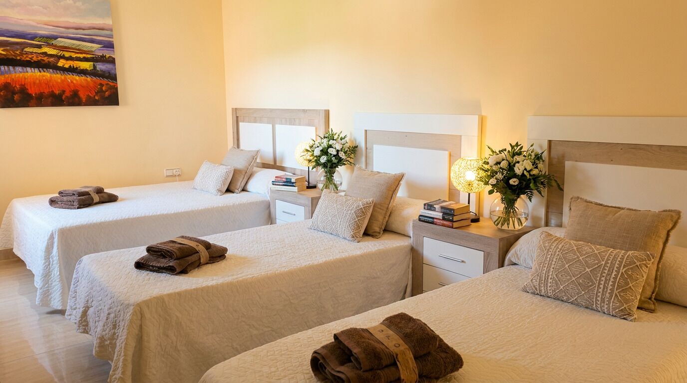 Habitación de hotel con tres camas, cada una con colcha blanca, una mesita de noche con lámpara y un jarrón con flores.