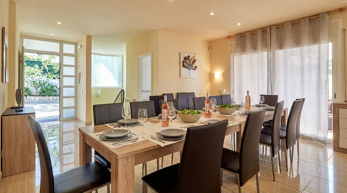 A dining area with a wooden table set for six, surrounded by black chairs.