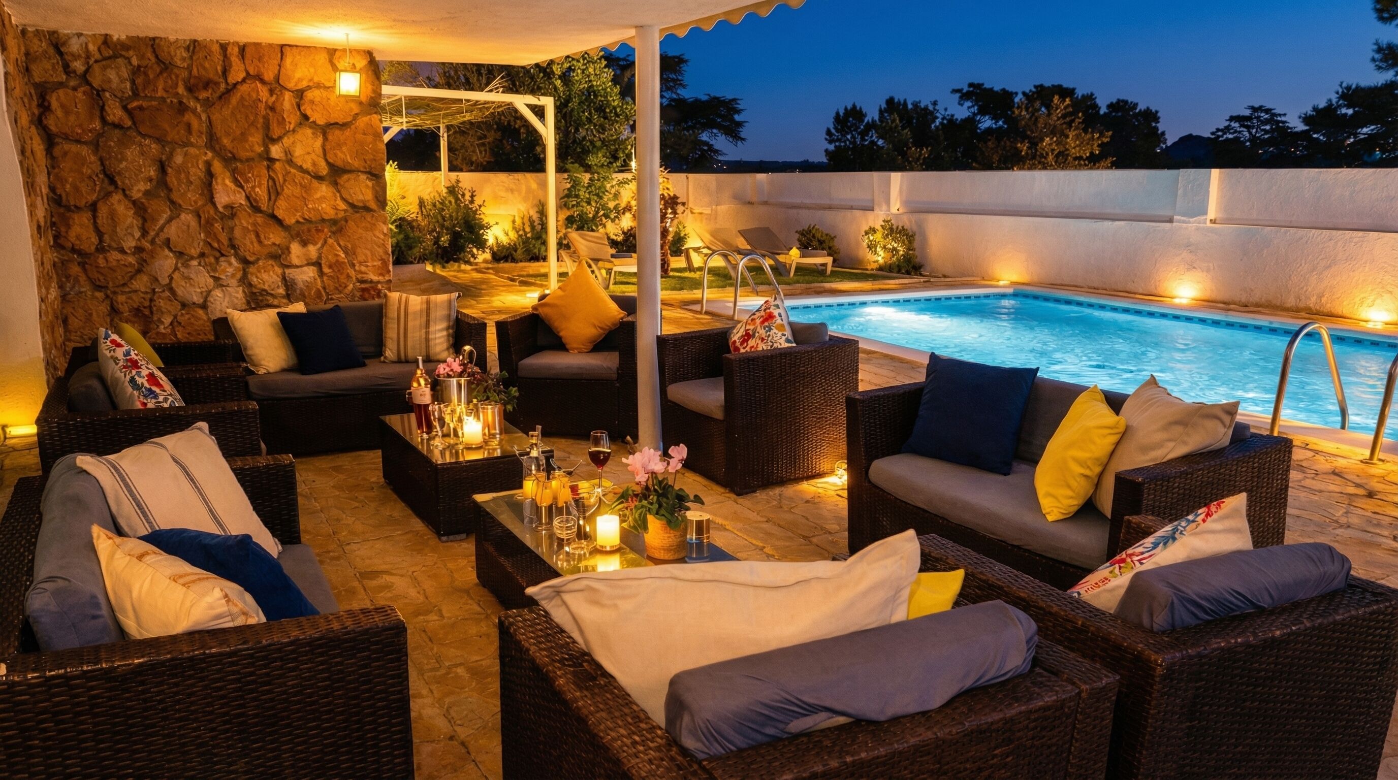 An outdoor pool area with wicker furniture and a stone wall.
