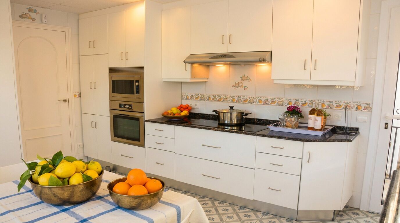 A kitchen with white cabinets, a microwave, oven, and a fruit bowl on the counter.