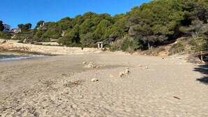 A sandy beach with a stone structure, trees, and a clear blue sky. - Villa Playa del Sur · 250m from the sea · 7 Suites · +19 guests · Views 10 P (Capafonts)