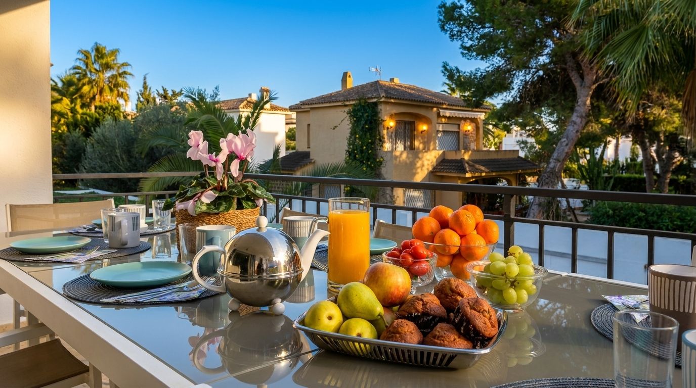 A breakfast setup on a balcony with a table set for two, including fruits, pastries, and a beverage.