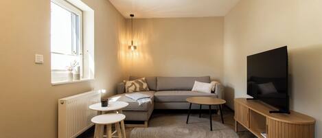 A modern living room with a sofa, a TV, a small table, a round rug, and a window with natural light.