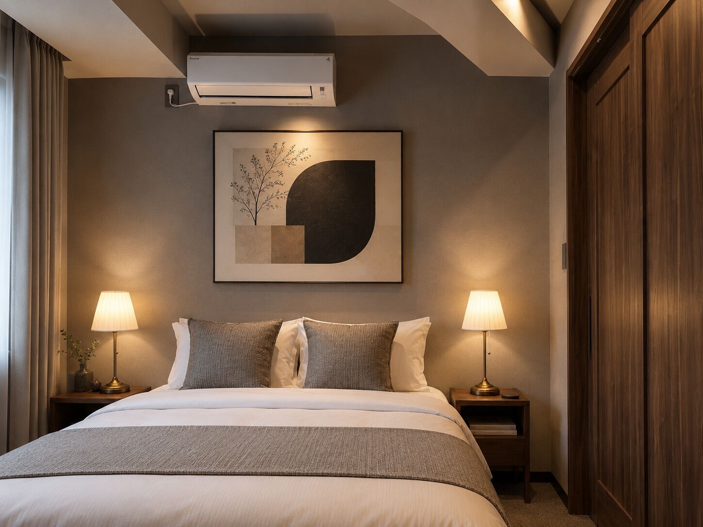 Habitación de hotel con cama, dos lámparas de noche, aire acondicionado, una obra de arte abstracta enmarcada y un armario de madera.