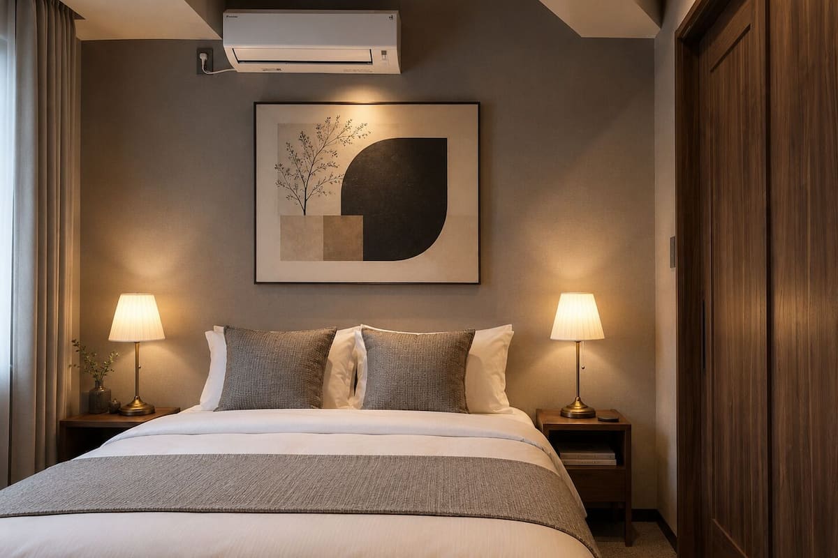A hotel room with a bed, two bedside lamps, an air conditioner, a framed abstract artwork, and a wooden wardrobe.