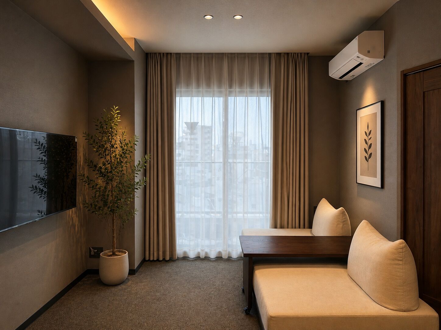 A modern hotel room with a sofa, a potted plant, a flat-screen TV, and a large window with curtains.