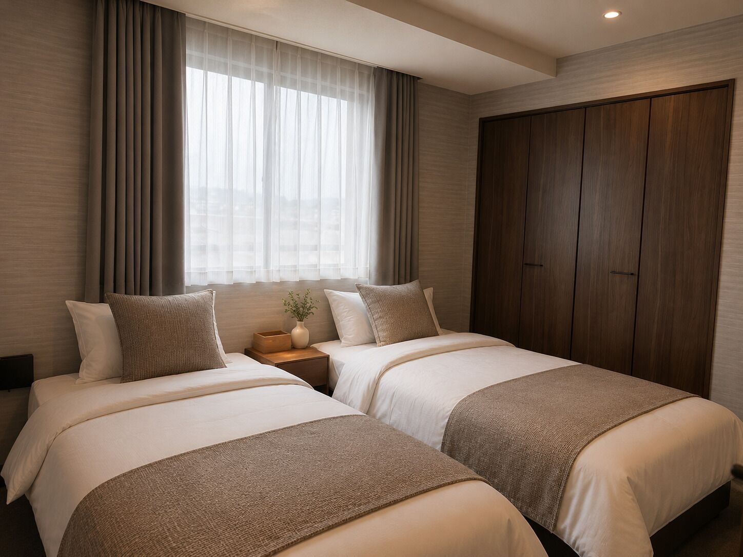 Een hotelkamer met twee bedden, een grote kast, een nachtkastje met een vaas en lichte gordijnen.