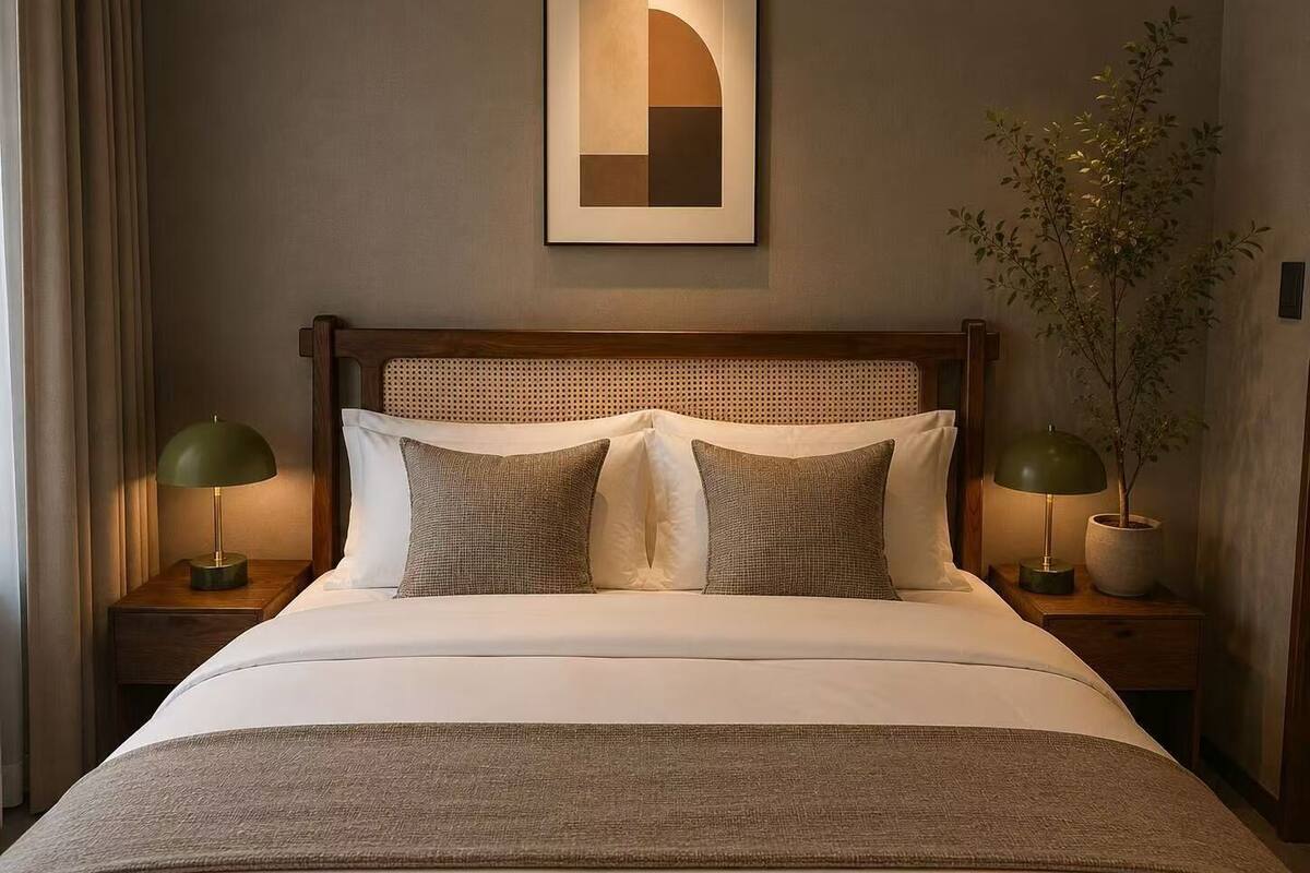 A neatly made bed with a headboard, two bedside tables with lamps, a framed picture on the wall, and a potted plant.