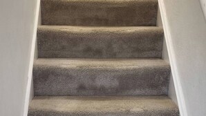 Una escalera alfombrada con paredes blancas y una puerta en la parte superior.