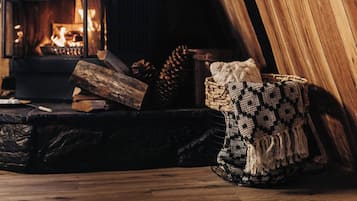 Exclusive Cabin, Mountain View | Living area | 45-inch Smart TV with digital channels, fireplace, books