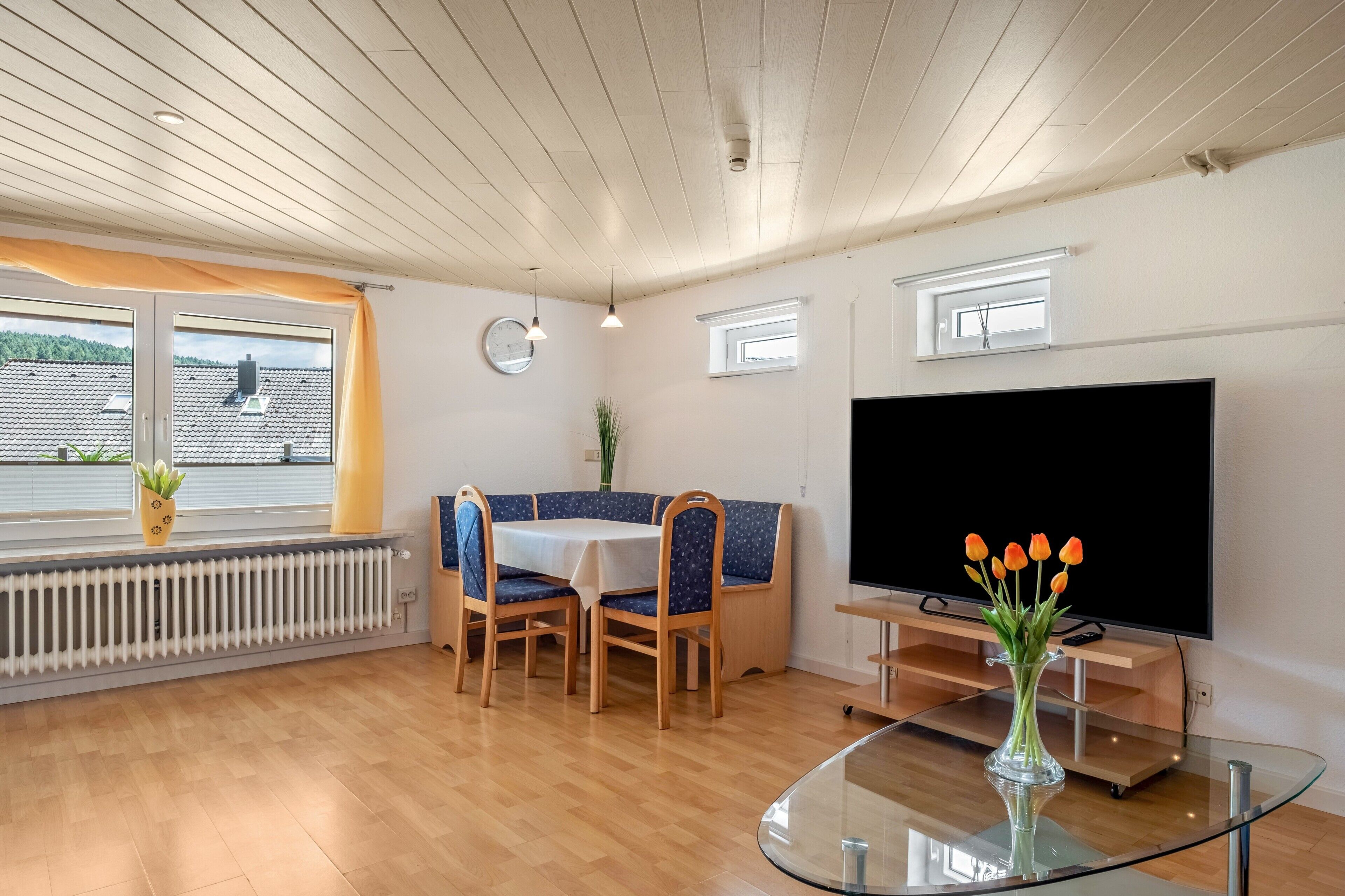 A modern living room with a dining table, chairs, a glass coffee table, a flat-screen TV, and a radiator.