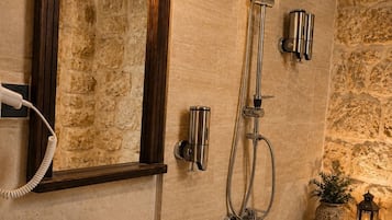 Shower, hair dryer, towels, soap