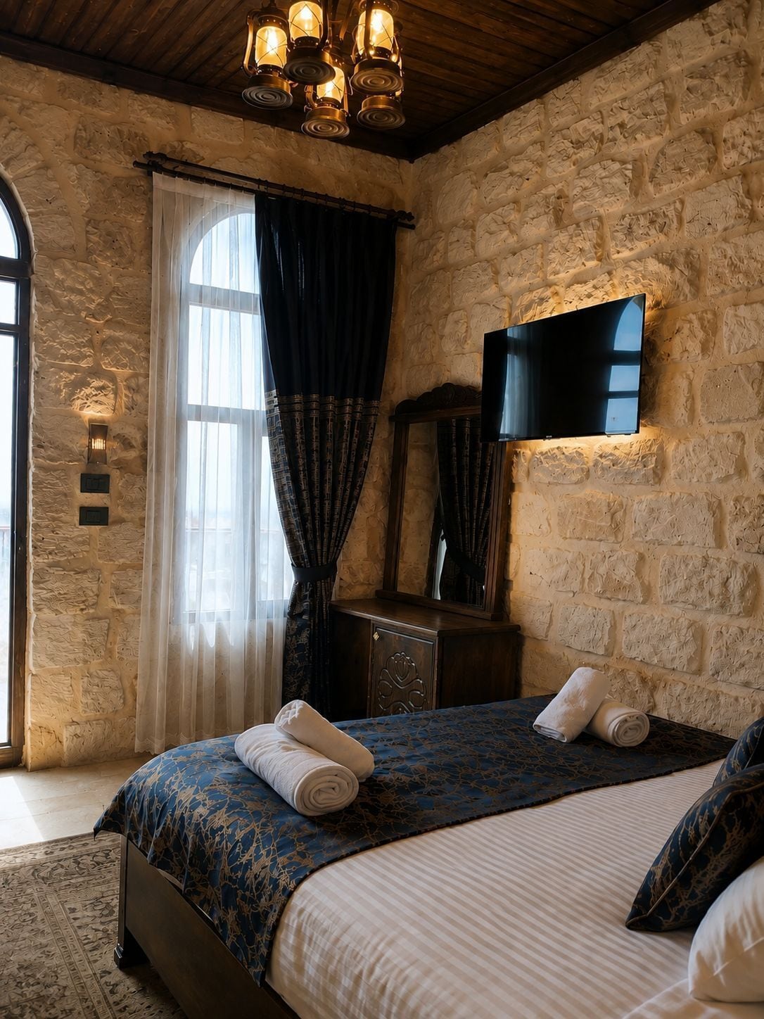 Un dormitorio con pared de piedra, un televisor de pantalla plana montado en la pared, una cama con colcha azul estampada y una ventana con cortinas oscuras.