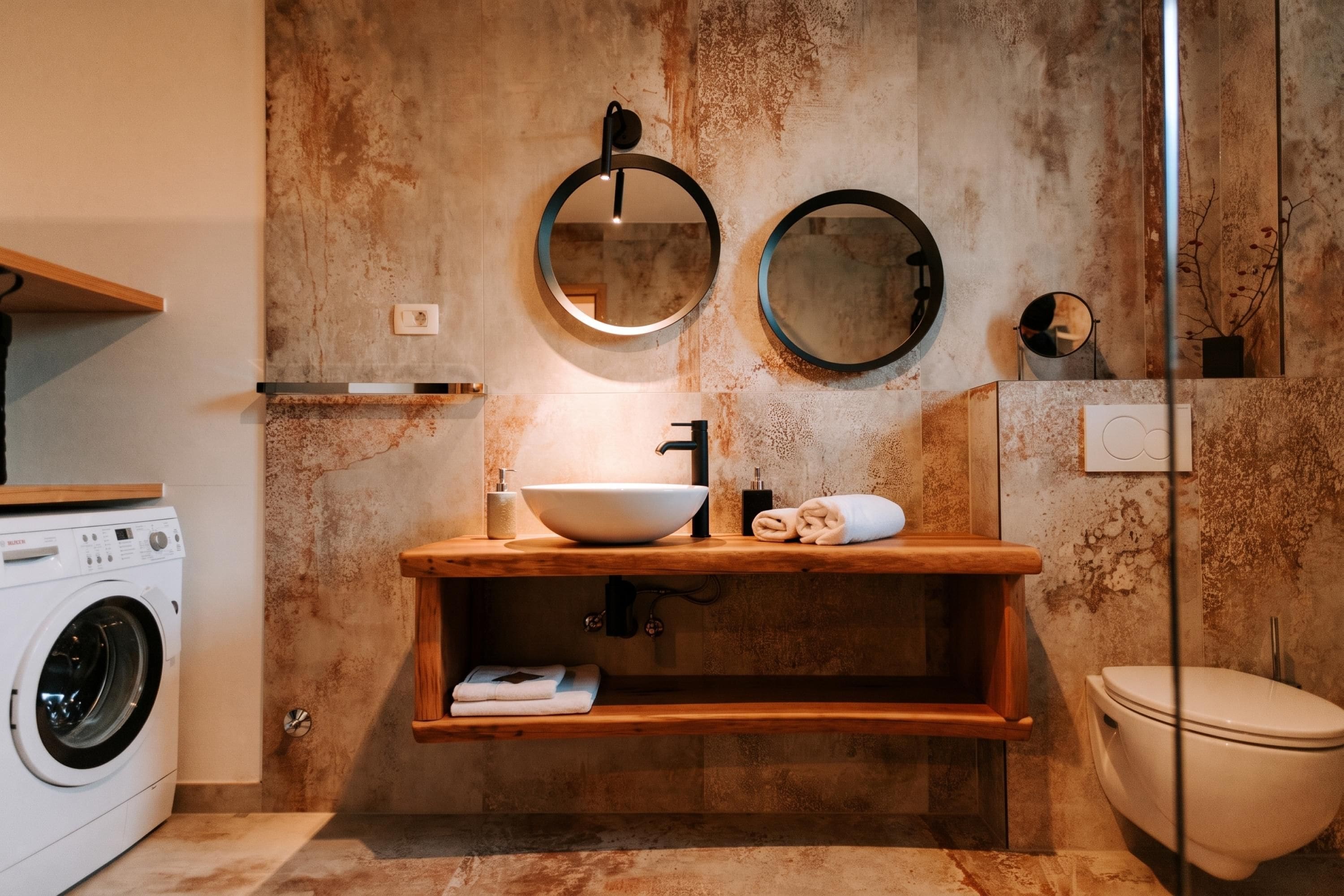 Une salle de bain équipée d’un lave-linge, d’un lavabo avec un miroir et de toilettes.