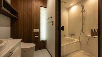 Hair dryer, towels, soap, toilet paper