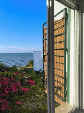 Blick auf die Küste durch ein Fenster, mit einem grünen Metallgitter, einer weißen Wand und blauem Himmel.