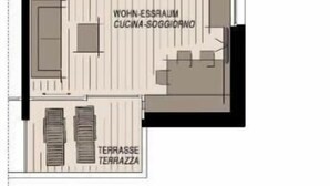 A floor plan of a hotel room with a bathroom, kitchenette, living area, and a terrace. - Refugium Dolomiten & Chalet (Sillian)