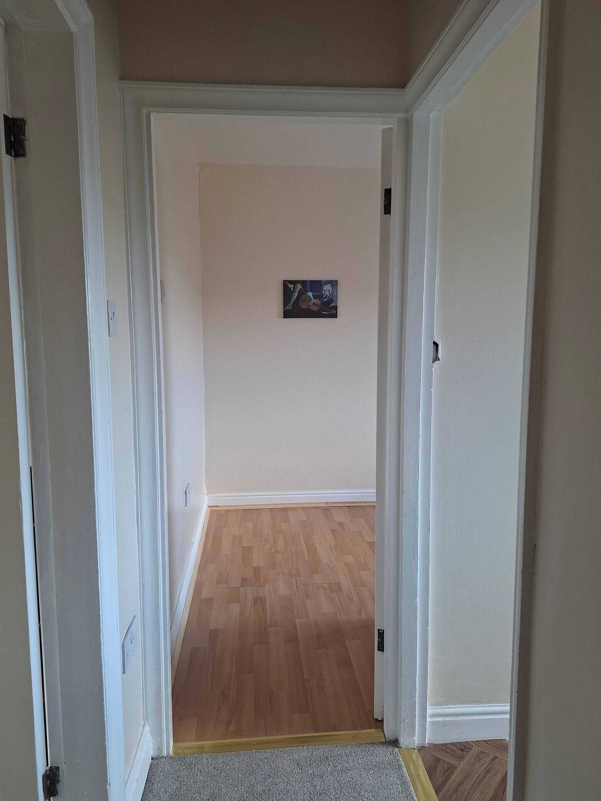 Un couloir avec un plancher en bois, des murs blancs et une porte sur le côté droit.
