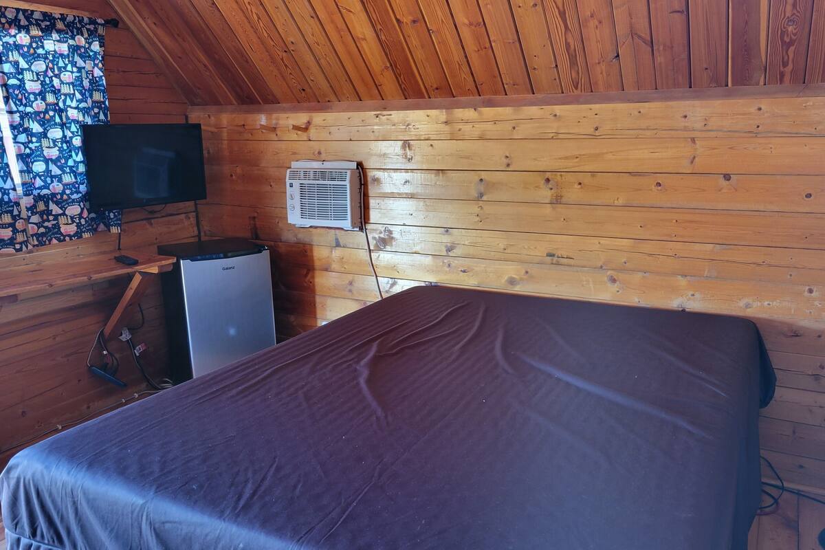 A room with a bed, a small refrigerator, a television, and an air conditioning unit.