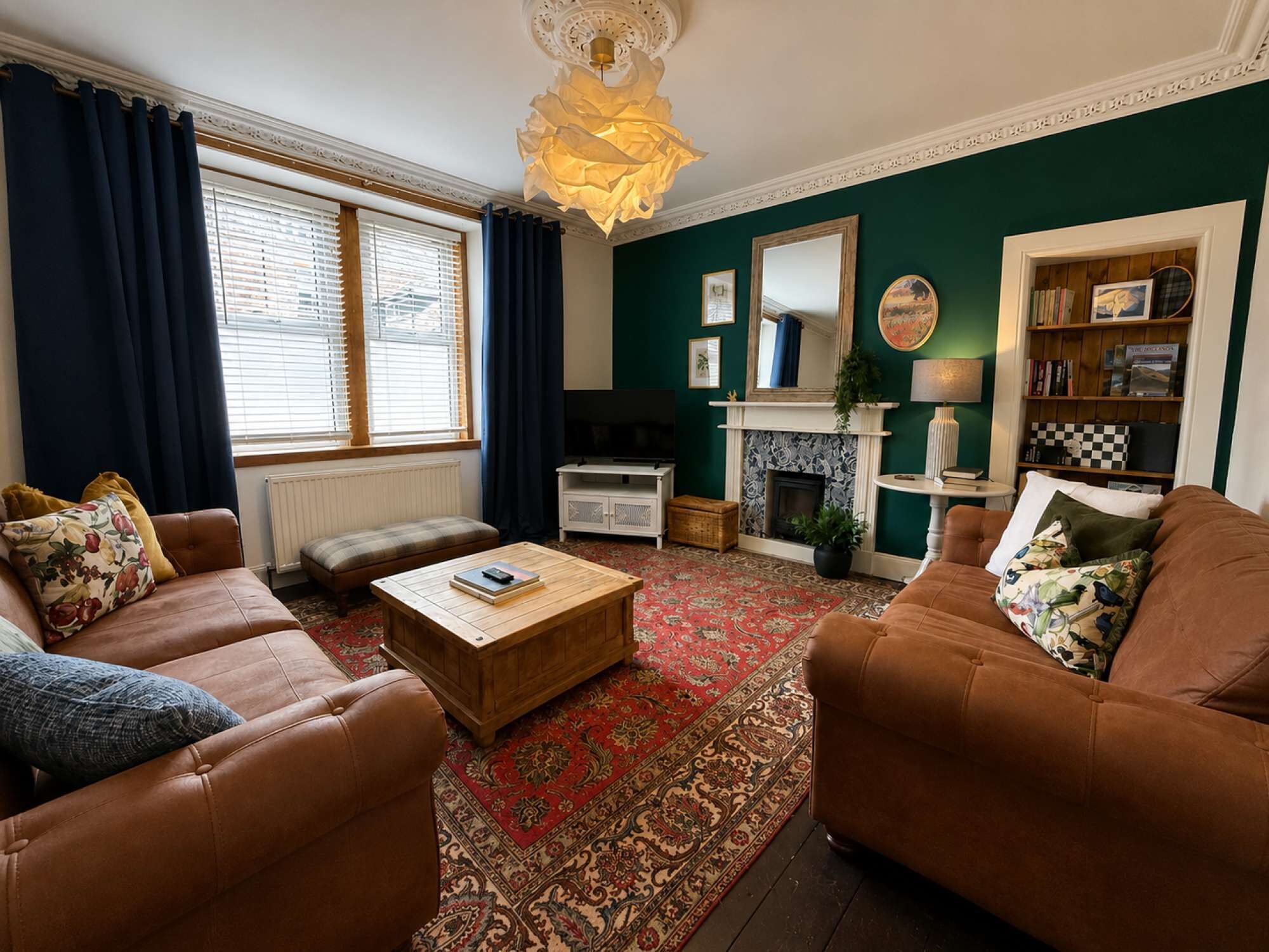 TV, fireplace, books
