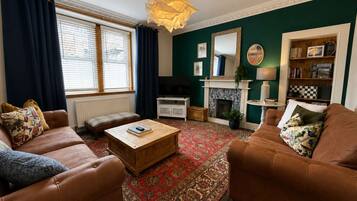 TV, fireplace, books
