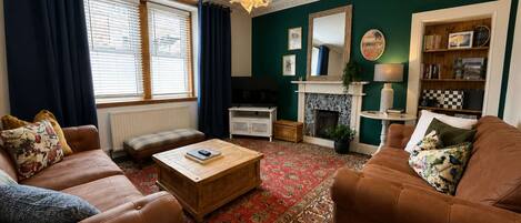 TV, fireplace, books