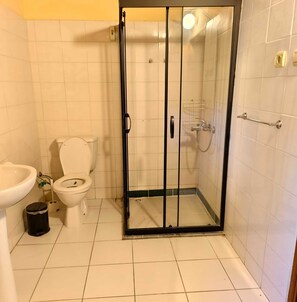 Een badkamer met toilet, wastafel en douchecabine.
