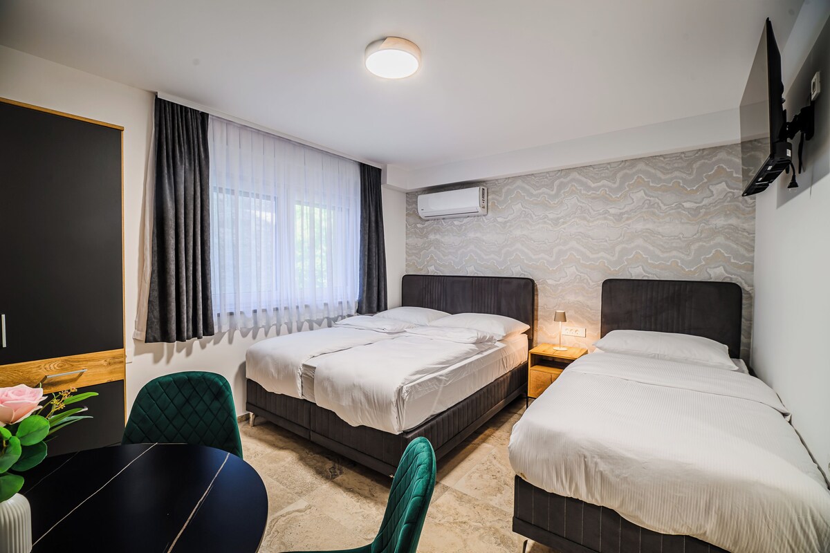 Hotellihuone, jossa on kaksi sänkyä, työpöytä, tuoli, televisio ja ilmastointilaite.