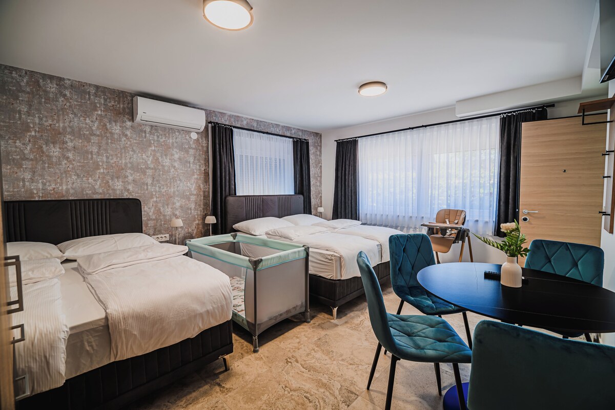 Hotellihuone, jossa on kaksi sänkyä, ruokapöytä, tuoleja, pieni pöytä, jossa on kasvi, ja ikkuna, jossa on verhot.